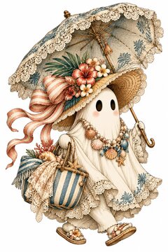 Vertical whimsical illustration of a ghost dressed in vintage beach attire holding a parasol with floral decor, perfect for unique summer holiday greeting cards and playful art collections