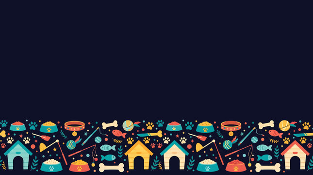 Seamless horizontal border pattern with colorful pet accessories on a dark background.