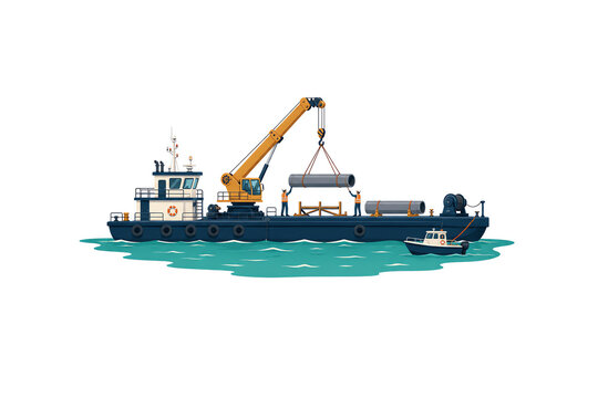 A crane lifts pipe aboard an offshore service barge