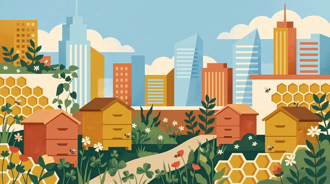urban rooftop beehive garden flat geometric vector illustration for eco branding and artisanal honey packaging