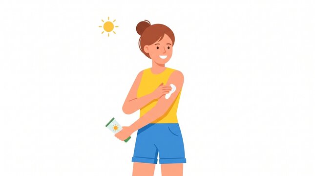 Woman applying sunscreen on arm under the sun
