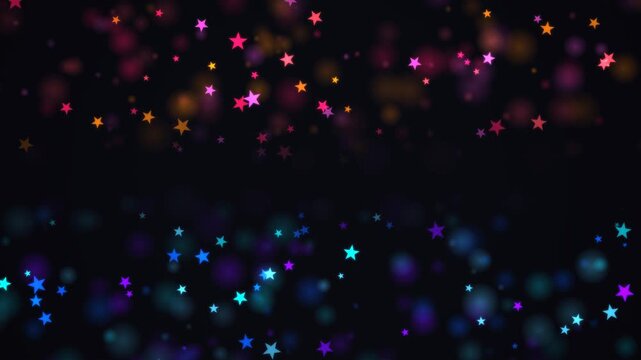 Abstract dark background with glowing pink and orange stars on top and blue bokeh stars at the bottom. This seamless motion graphic loop is ideal for magical party videos.