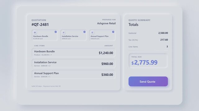 Digital business quotation interface showing dynamic line item updates and total price calculation