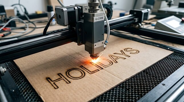 Industrial CNC laser engraver machine cutting the word holidays on cardboard in a maker workshop