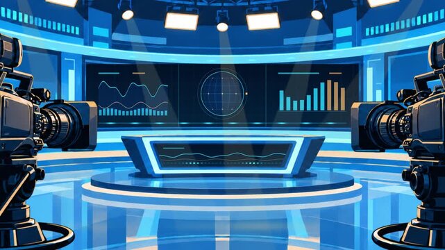 Futuristic Television Studio With Cameras and Data Screens Video