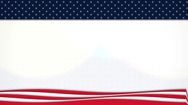 Clean white background with a blue starry top border and waving red layered ribbon stripes at the bottom. This seamless patriotic motion graphic loop is ideal for election videos.