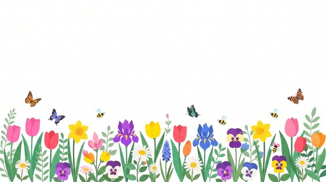 Spring wildflower border vector texture with colorful tulips and meadow flowers along bottom, butterflies flying above on white, horizontal banner header template with copy space