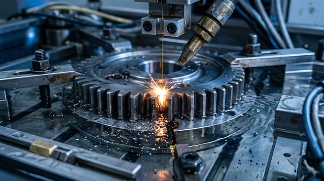 Industrial Wire EDM Machine Cutting Metal Gear with High Precision and Sparkling Effects in Factory