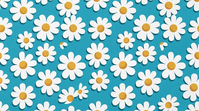 Seamless daisy pattern texture with white flowers and yellow centers on blue, repeating spring floral wallpaper for fabric, textile, packaging, wrappingpaper, and web design