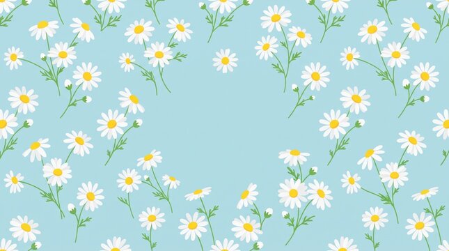 Daisy flower pattern texture on light blue with scattered white daisies and green stems, seamless spring wallpaper design for fabric, wrappingpaper, stationery, and packaging