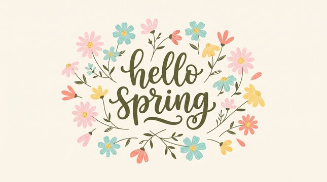  Hello spring hand lettering with floral wreath of pastel flowers and leaves on beige, vector typography greeting card template for seasonal poster, invitation, and copy space