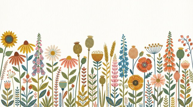 Folk wildflower border pattern with hand drawn stems and colorful blooms on white, vector botanical strip for textile print, stationery design, and spring banners