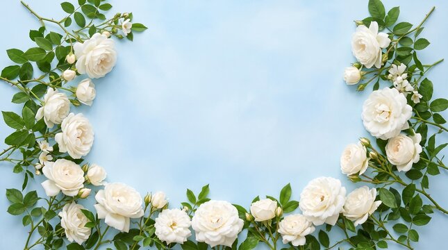 White rose wreath frame texture with green eucalyptus leaves on sky blue background, round floral border with empty center copy space for wedding invitation and branding