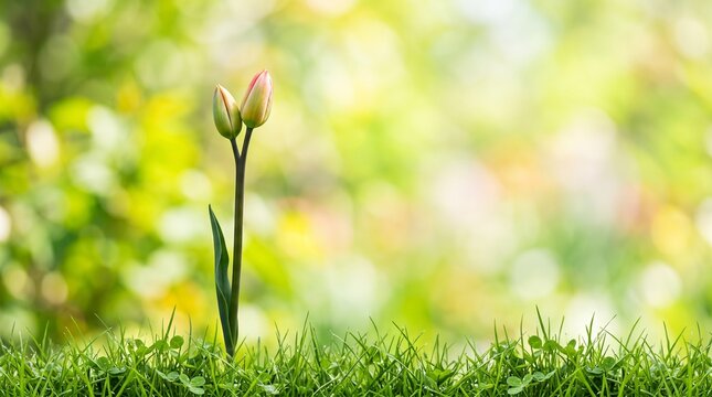 Single flower bud sprout in fresh grass texture with bright green bokeh and sunlight, minimal spring nature background for growth concept, gardening banner, and copy space