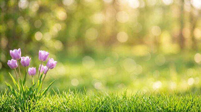 Purple crocus flowers in green grass texture with warm sunlight bokeh, spring outdoor meadow scene for seasonal banner, garden promotion, nature wallpaper, and copy space