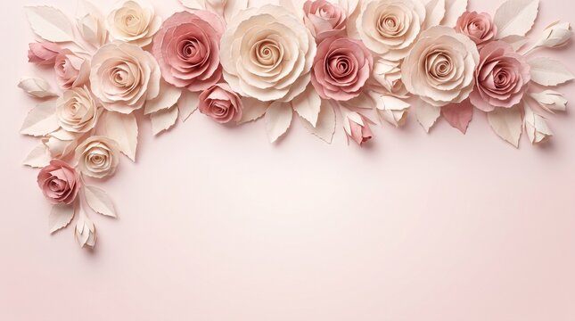 Paper flower rose border texture with layered pink and beige blooms and loose petals on pastel backdrop, handmade floral header for wedding invitation copyspace