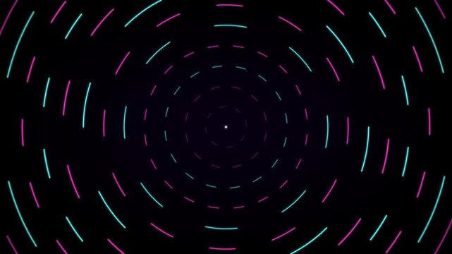 Abstract tunnel background with glowing neon dash lines in circular motion