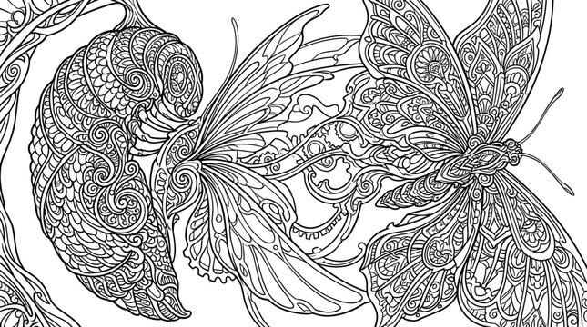Intricate steampunk butterfly and cocoon coloring page line art
