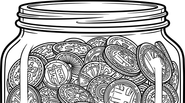 Glass jar filled with various coins line art illustration