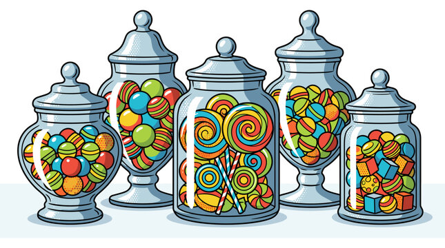 Various glass jars filled with colorful candies in pop art style