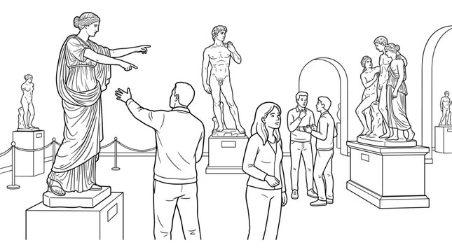 People looking at classical statues in a museum gallery line art
