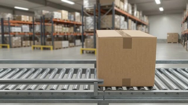倉庫のコンベヤーで左から右へ運ばれる段ボール箱、物流、EC、配送、倉庫の自動化を説明する挿入映像