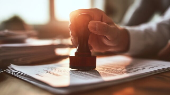 Close-Up of Hand Stamping Approval on Document at Wooden Desk