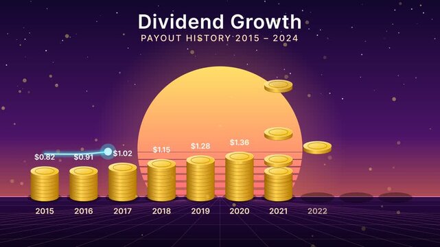 Financial dividend growth chart with stacking gold coins and rising line graph on synthwave solid background, motion graphic animation