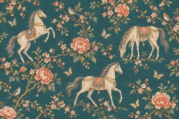 Fototapeta premium Vintage horses, peonies, birds, butterflies seamless pattern