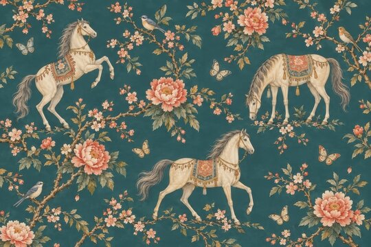 Vintage horses, peonies, birds, butterflies seamless pattern