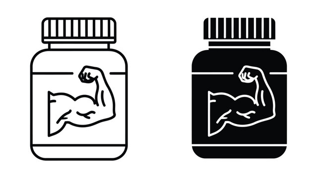 Protein supplement bottle with arm muscle icon isolated on transparent background
