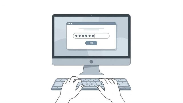 Illustration of hands typing on a keyboard to enter a password into a login window on a computer screen for digital security