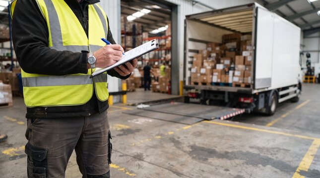 Warehouse worker in high visibility vest checks inventory list near a loaded truck