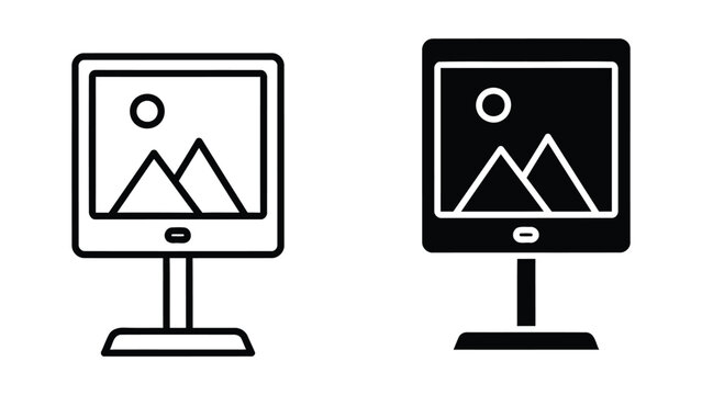 Computer monitor screen showing landscape vector icons for digital media displays