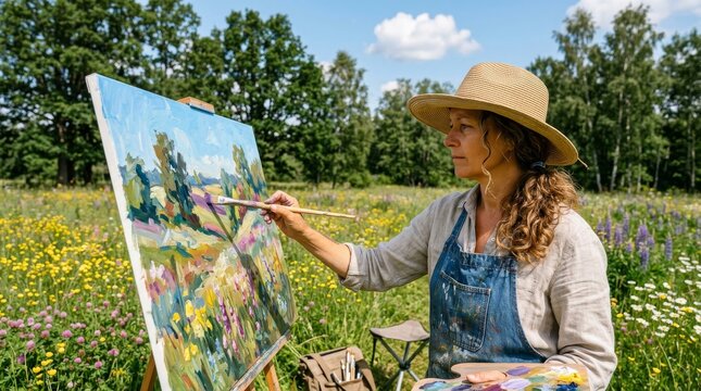 Female artist painting en plein air in a vibrant summer meadow