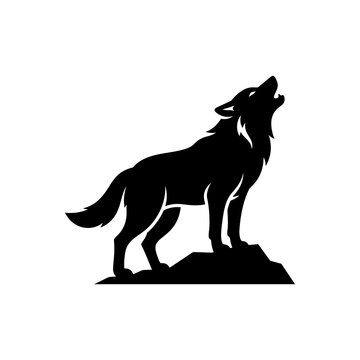 Howling wolf silhouette standing on mountain rock black vector graphic for wilderness wildlife themed creative projects or adventure outdoor apparel branding.