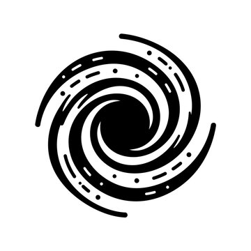 Cosmic spiral galaxy illustration featuring swirling vortex motion and stellar dust particles for astronomical science research exploration black vector art.