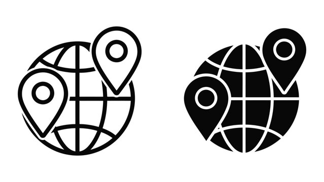 Globe with map location pins vector icon set for global navigation and travel apps