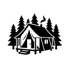 Camping tent cabin icon featuring black forest pines silhouette for outdoor recreation wilderness adventure themes for travel branding or adventure gear companies. © Hina