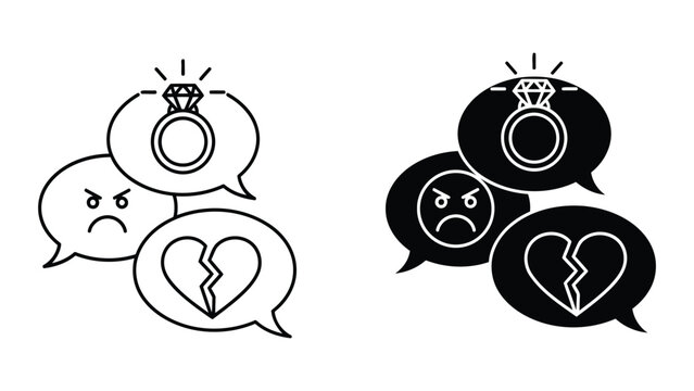 Speech bubbles with broken heart and ring vector illustration isolated on transparent background
