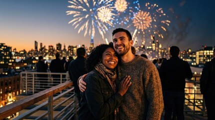 Fototapeta premium Happy couple embraces and smiles while enjoying a spectacular fireworks display over a city skyline at night