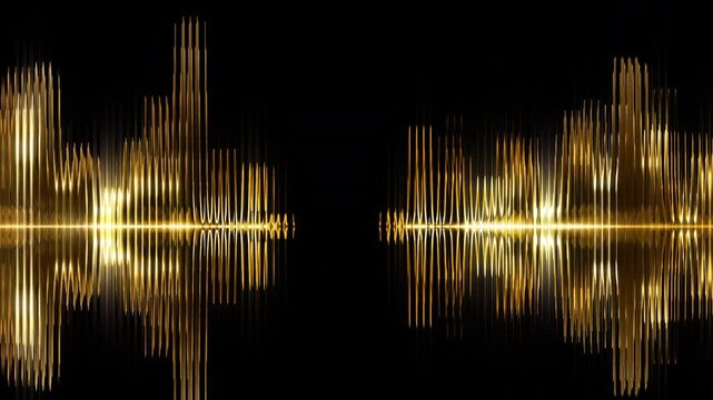 Golden segmented audio spectrum vibrating on black background, luxury music award equalizer seamless VJ loop