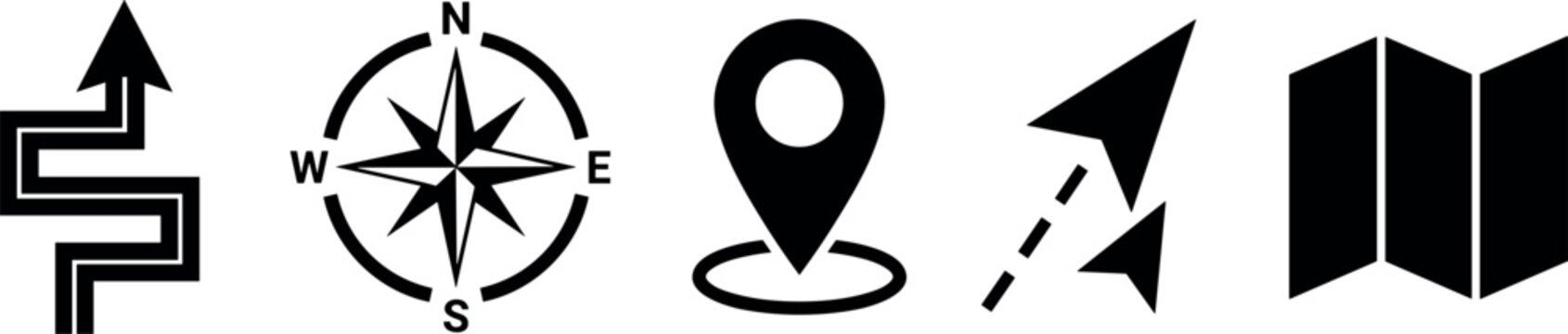 Black Navigation Icons Set with Route Arrow, Compass Rose, Location Pin, GPS Pointer and Map for Travel and Direction Concepts