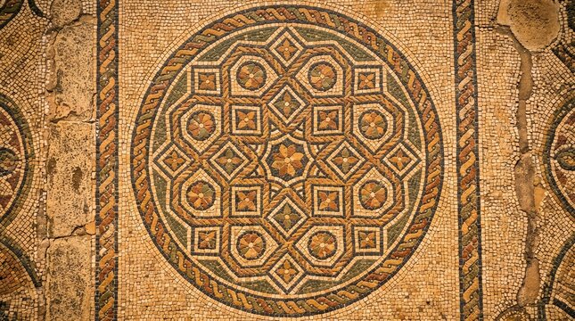 Ancient mosaic medallion with interlocking geometric pattern