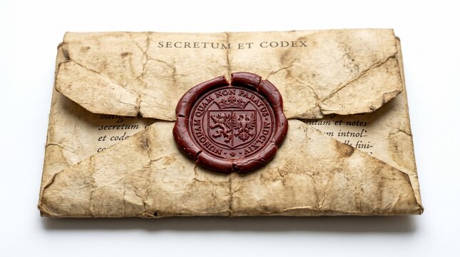 A vintage, crumpled document sealed with a red wax crest, displaying "SECRETUM ET CODEX".