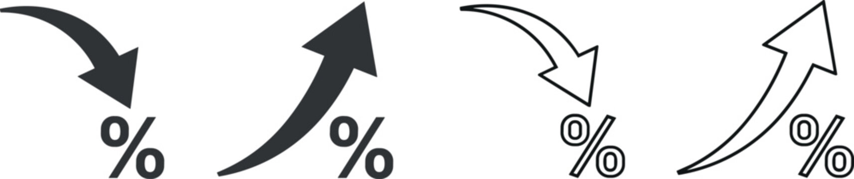 Black Percent Sign Icons Set with Curved Up and Down Arrows in Solid and Outline Styles for Interest Rate and Discount Concepts