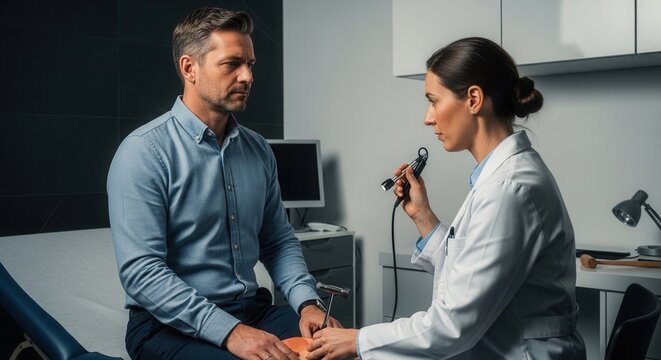 Doctor performing a medical examination on a male patient in a clinic with a reflex hammer and otoscope
