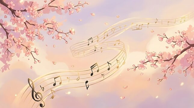 Cherry blossoms and flowing musical notes with golden melody lines spring sakura background