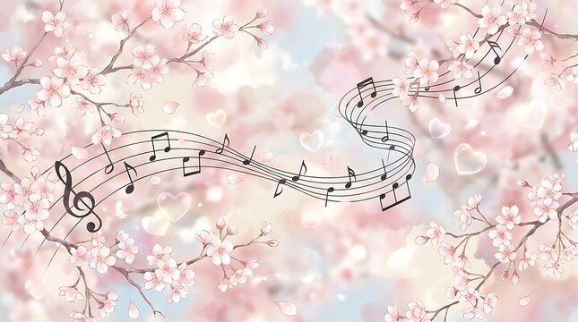 Cherry blossoms with musical notes and floating hearts spring sakura melody background