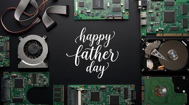 Happy father day greeting card with computer hardware components on black background flat lay